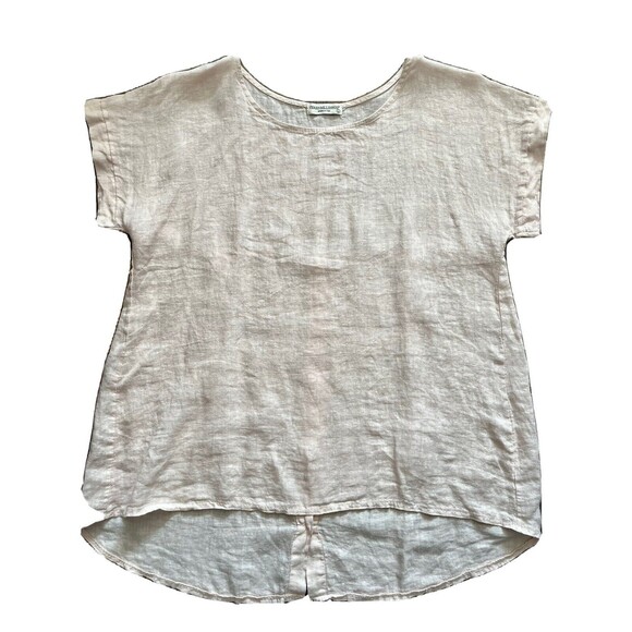 Terzo Millennio Top Large Beige 100% Linen Button Back Hi Low Hem Pullover Shirt - Picture 1 of 8